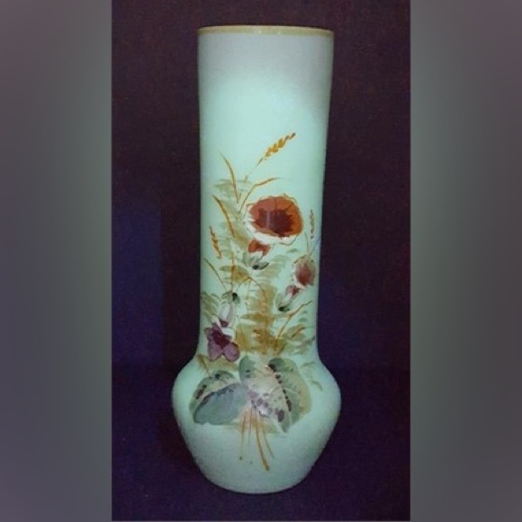 Vintage Norleans Glass Frosted Satin Floral Vase Hand Painted - Picture 1 of 4